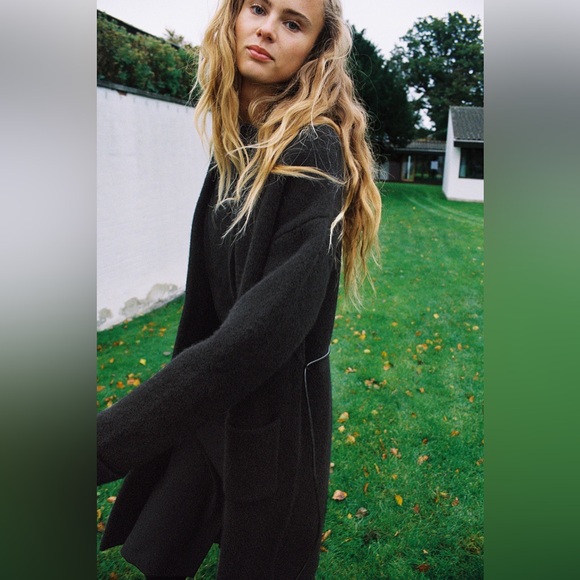 Zara coat wool blend classic casual Elegant Black Women's jacket with waist tie - Picture 5 of 8